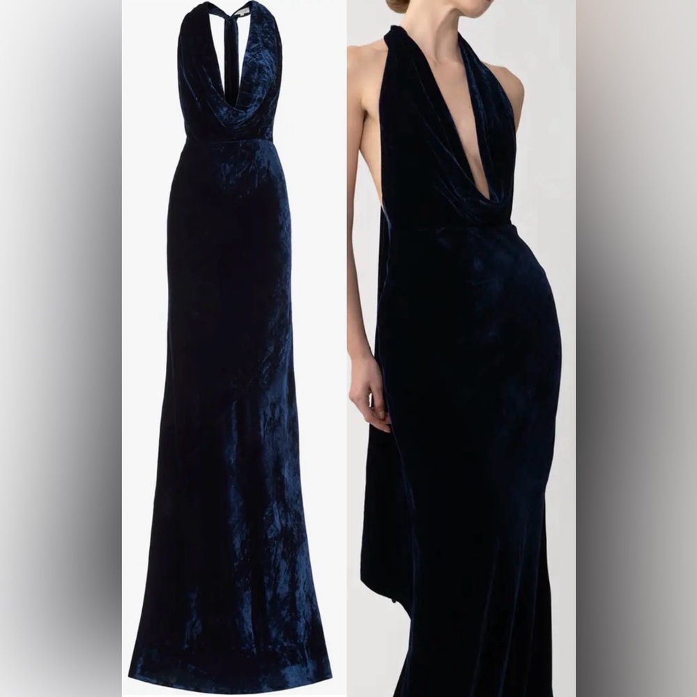 NEW SAU LEE midnight blue halter velvet gown sz 6 - Picture 2 of 7